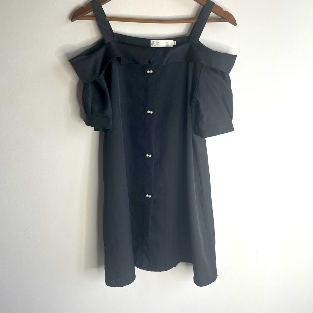 Black off Shoulder Dress With Sleeves Faux Pearl Buttons Size Medium